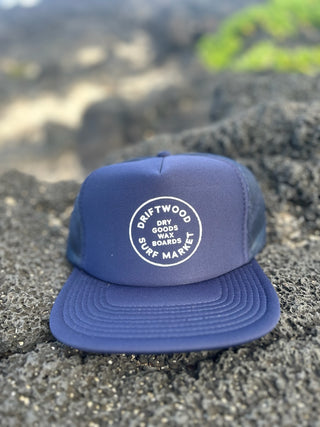 Dry goods flat brim trucker- Navy with white logo