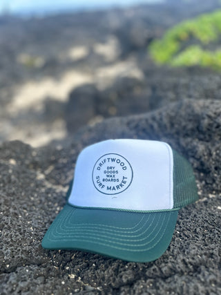 Dry goods Trucker hat- Hunter green, white, hunter green black logo