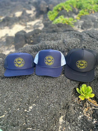 DSM circle logo Trucker Hat- Navy, Navy, white with yellow logo